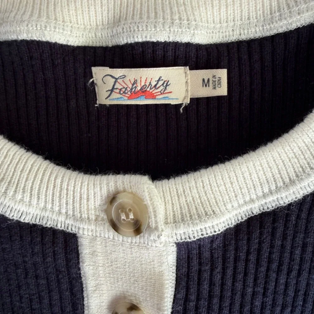 Faherty Navy Blue Organic Cotton Cashmere Ribbed Henley Sweater Stripe WYC0006 - Picture 4 of 9